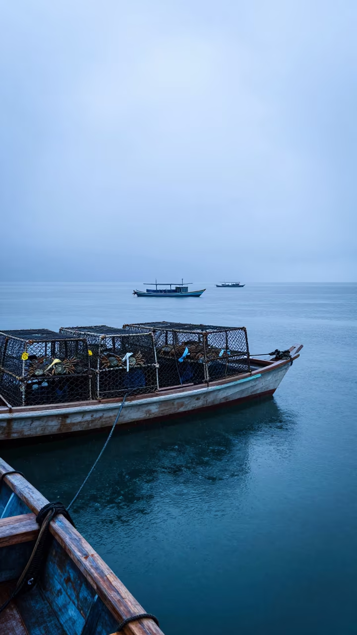 Indonesian Wooden Boat Hauling Crab Pots at Dawn in in Indonesia