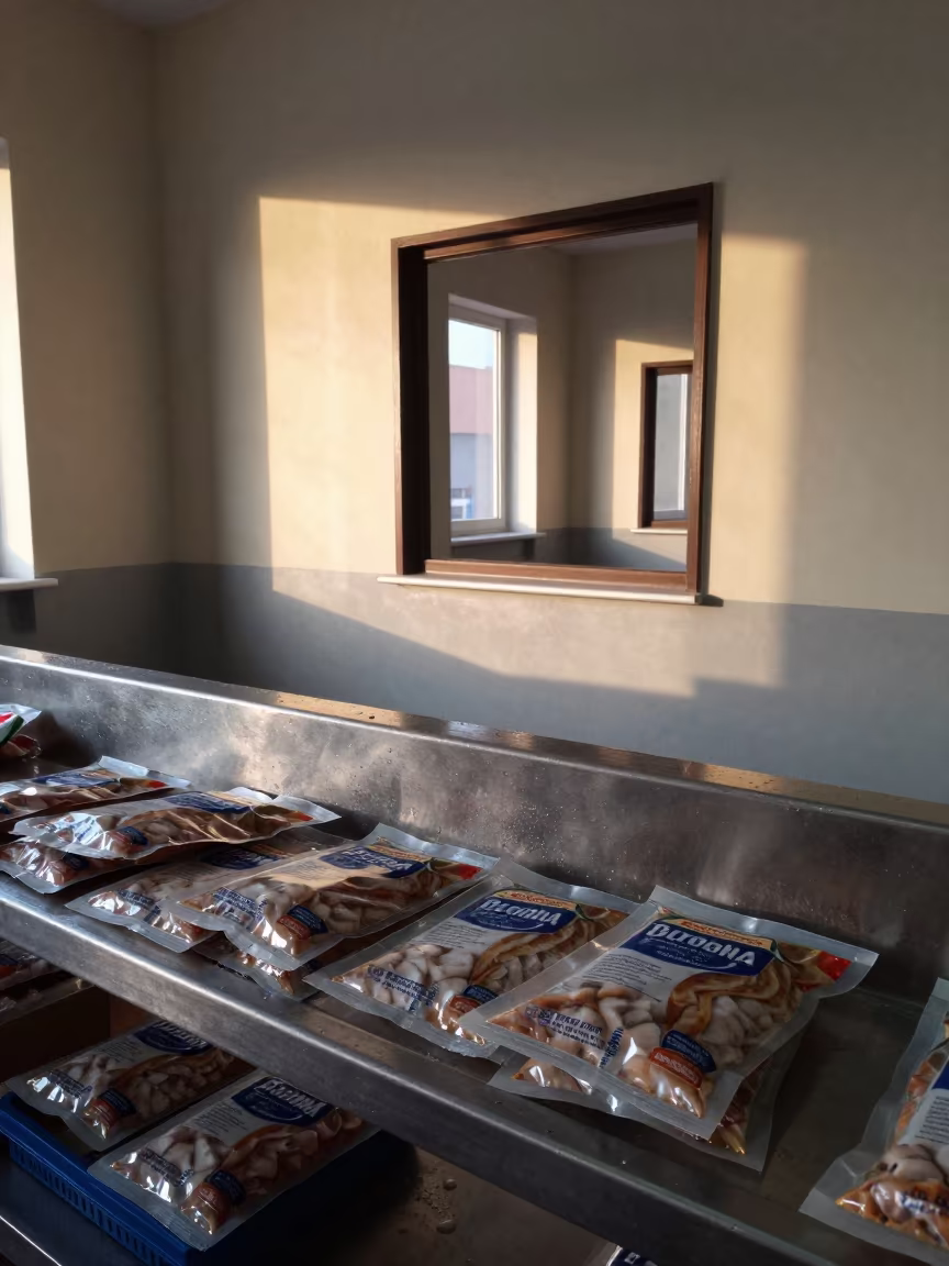 Indoor Window Shelf Wet Food Bologna in inside a fish bagging counter zone in Bologna