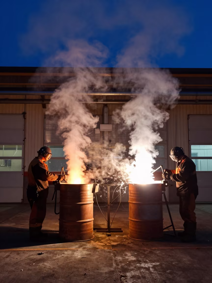 Industrial Barrel Lift Night Shift Steam in in a welding bay near Antwerp