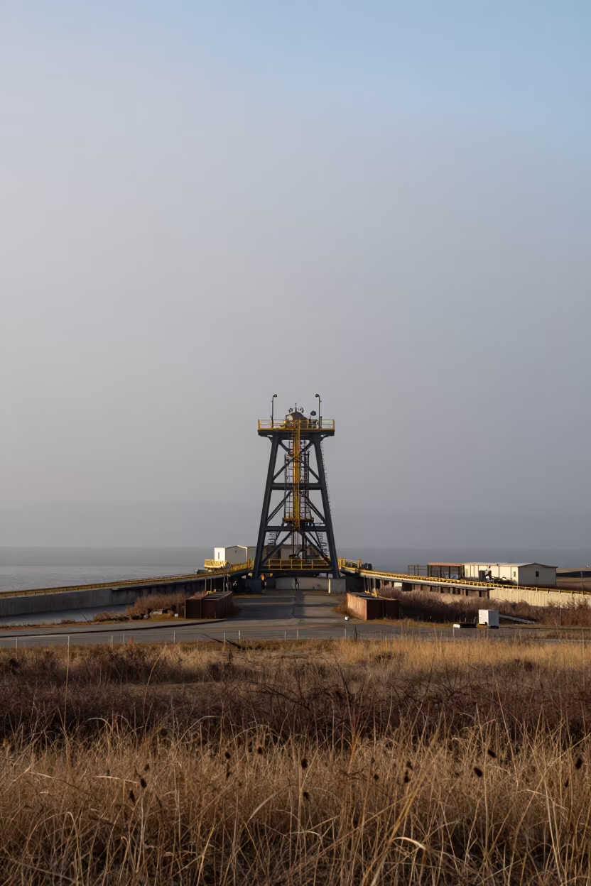 Industrial Catenary Lines in Wyoming Fog in beside a storm surge barrier in Wyoming