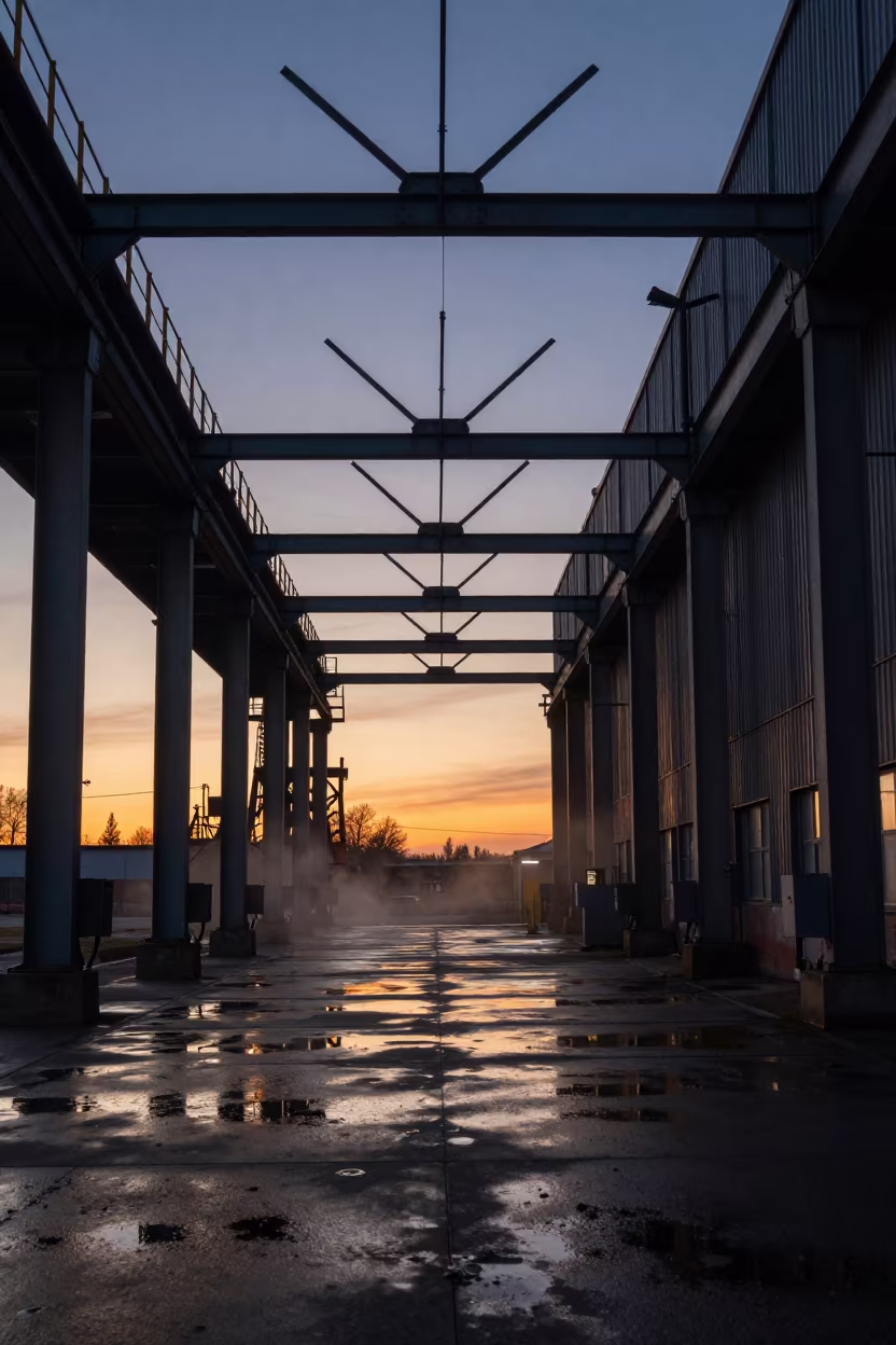 Industrial Dock at Sunset with Firelight Warmth in in a turbine hall near Chorzów