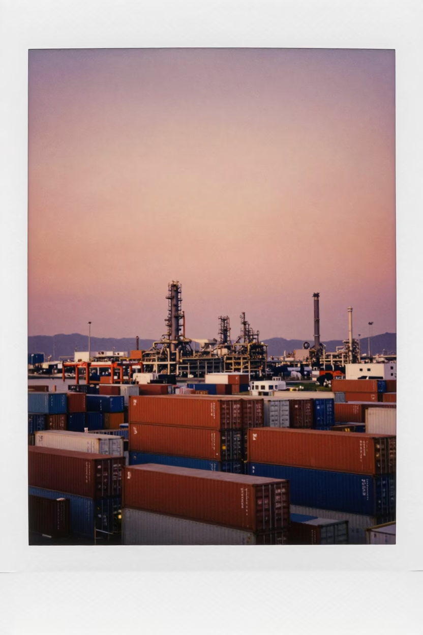 Industrial Landscape in Kaohsiung at Copper-toned Light Before Dusk in in Kaohsiung, Taiwan