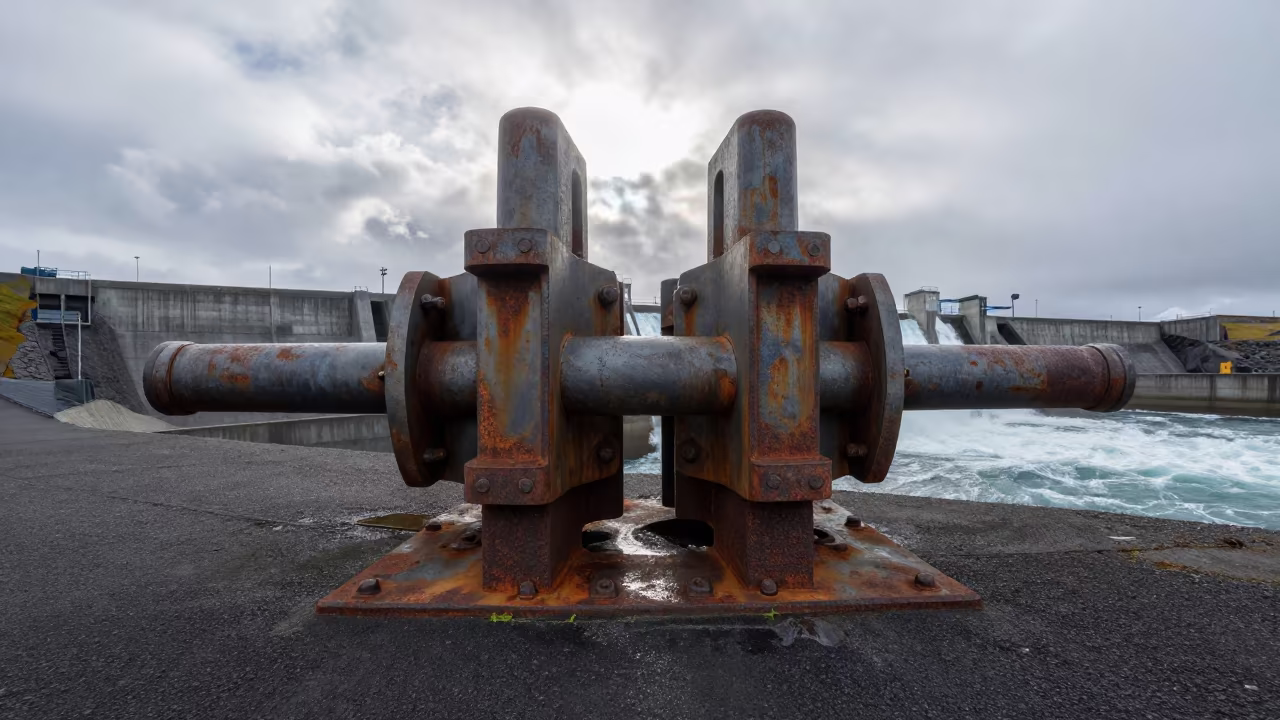 Industrial Lock Gate Hinge Iceland Harbor in along a dam spillway in Iceland