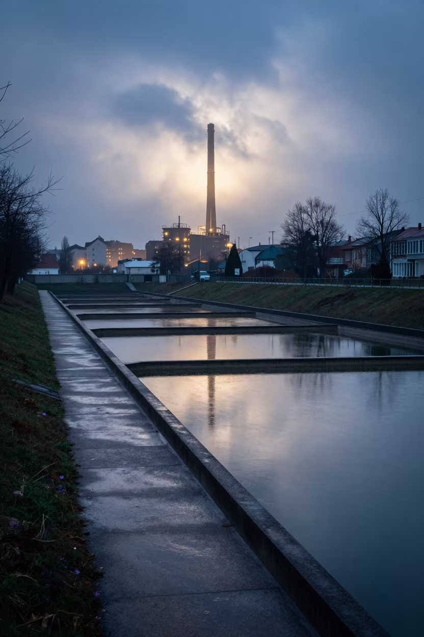Industrial Rain Reflections on Slovak Levee Basin in along a levee path above floodwater in Slovakia