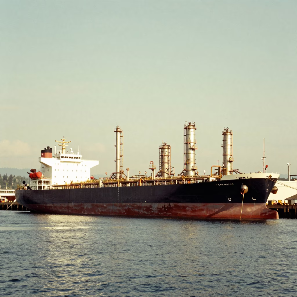 Industrial Tanker Ship Docked at Seattle Refinery Under Flat Noon Sunlight in in Seattle, Washington, United States