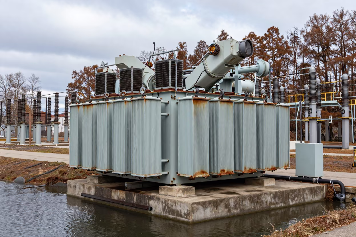Industrial Transformer Along Florida Levee Path in along a levee path above floodwater in Florida