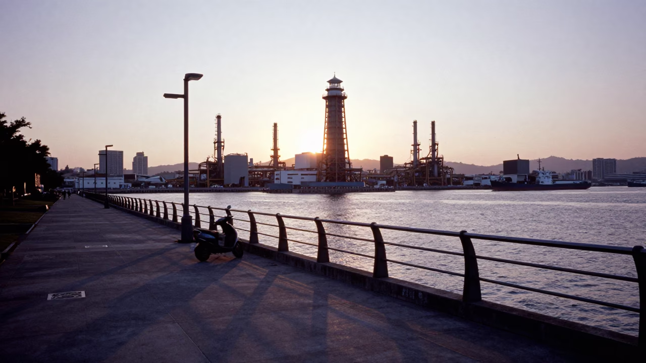 Industrial Waterfront in Kaohsiung at Nautical Dawn Light in in Kaohsiung, Taiwan