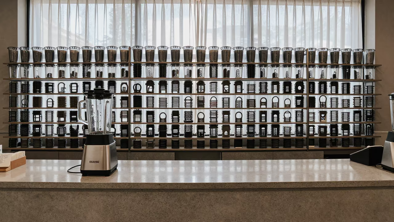 Infinite Blender Gaskets in Late Morning Kobe Retail in along a front-of-store display run in Kobe