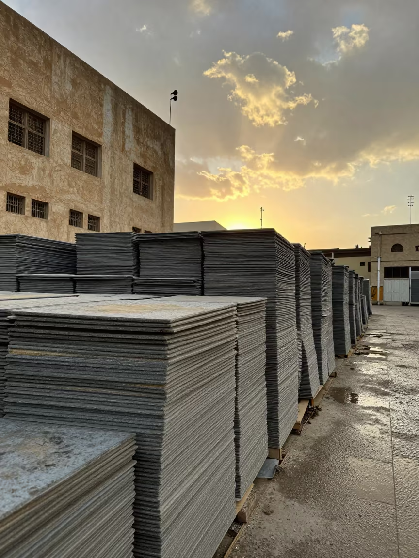 Infinite Construction Stack in Sana'a Monsoon Light in beside a framed building shell in Sana'a