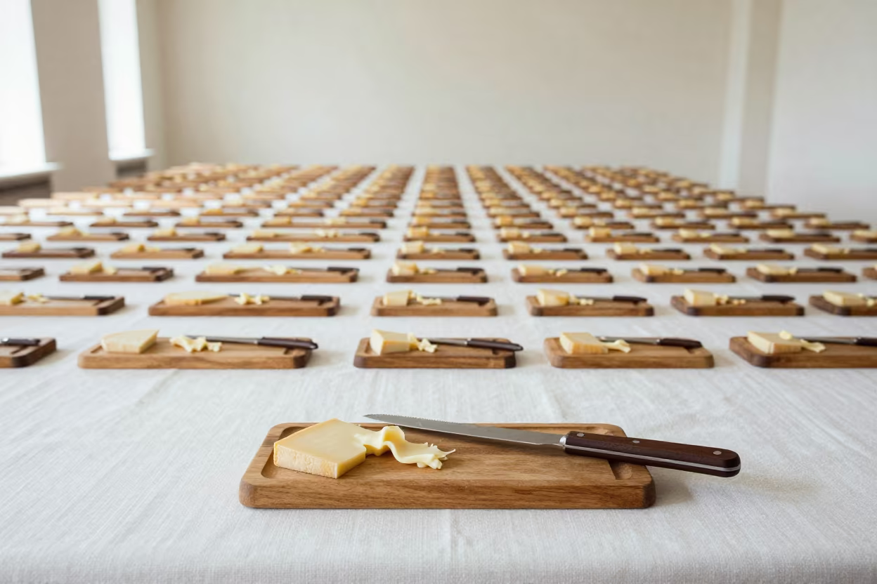 Infinite Raclette Cheese Board Grid in on a linen-covered restaurant table in Okayama