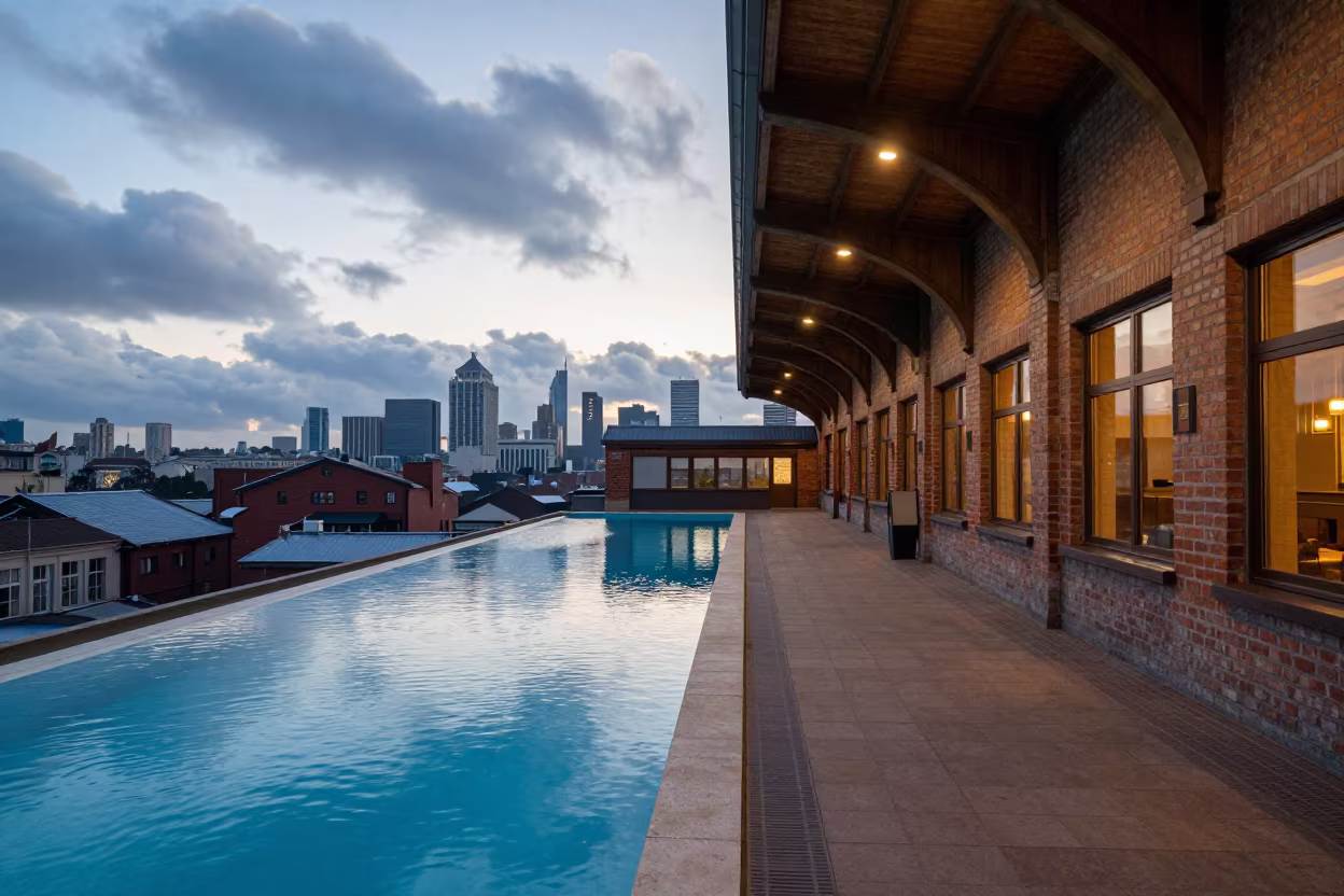 Infinity Pool Light on Restored Kotri Terminal Roof in inside a restored train terminal in Kotri