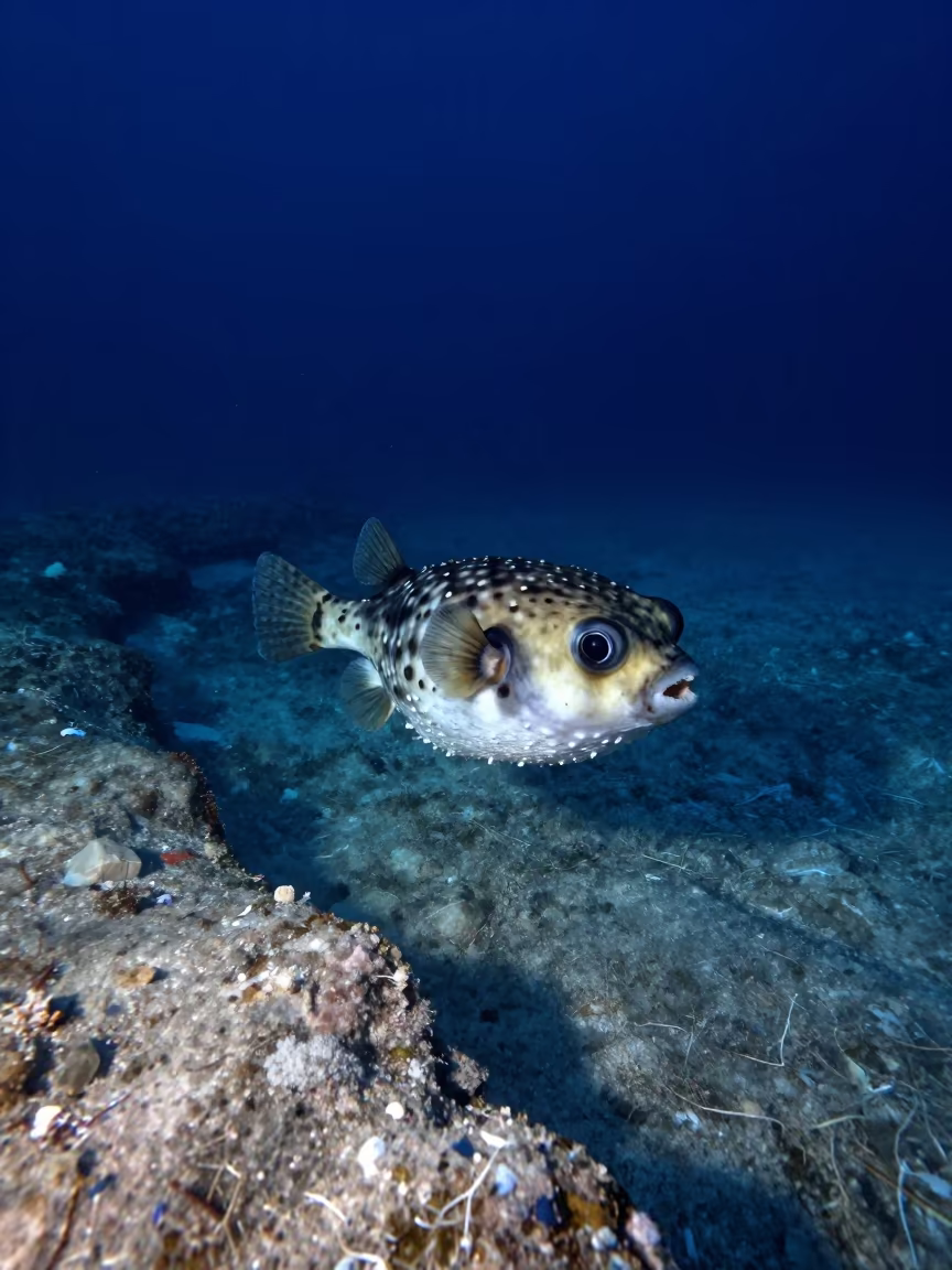 Inflated Pufferfish Drifting Over Dalmatian Tide Pool in beside a tide-cut rock ledge under clear water in Dalmatia