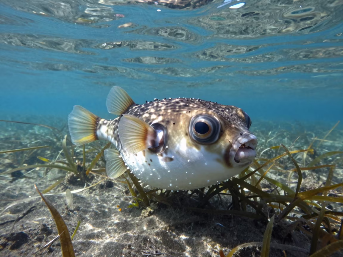 Inflated Pufferfish Drifts Over Seagrass in Reykjavik in along a seagrass channel near the coast near Skolavordustigur, Reykjavik