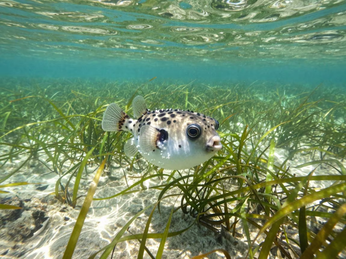 Inflated Pufferfish Over Hokkaido Seagrass in above a seagrass meadow in Hokkaido