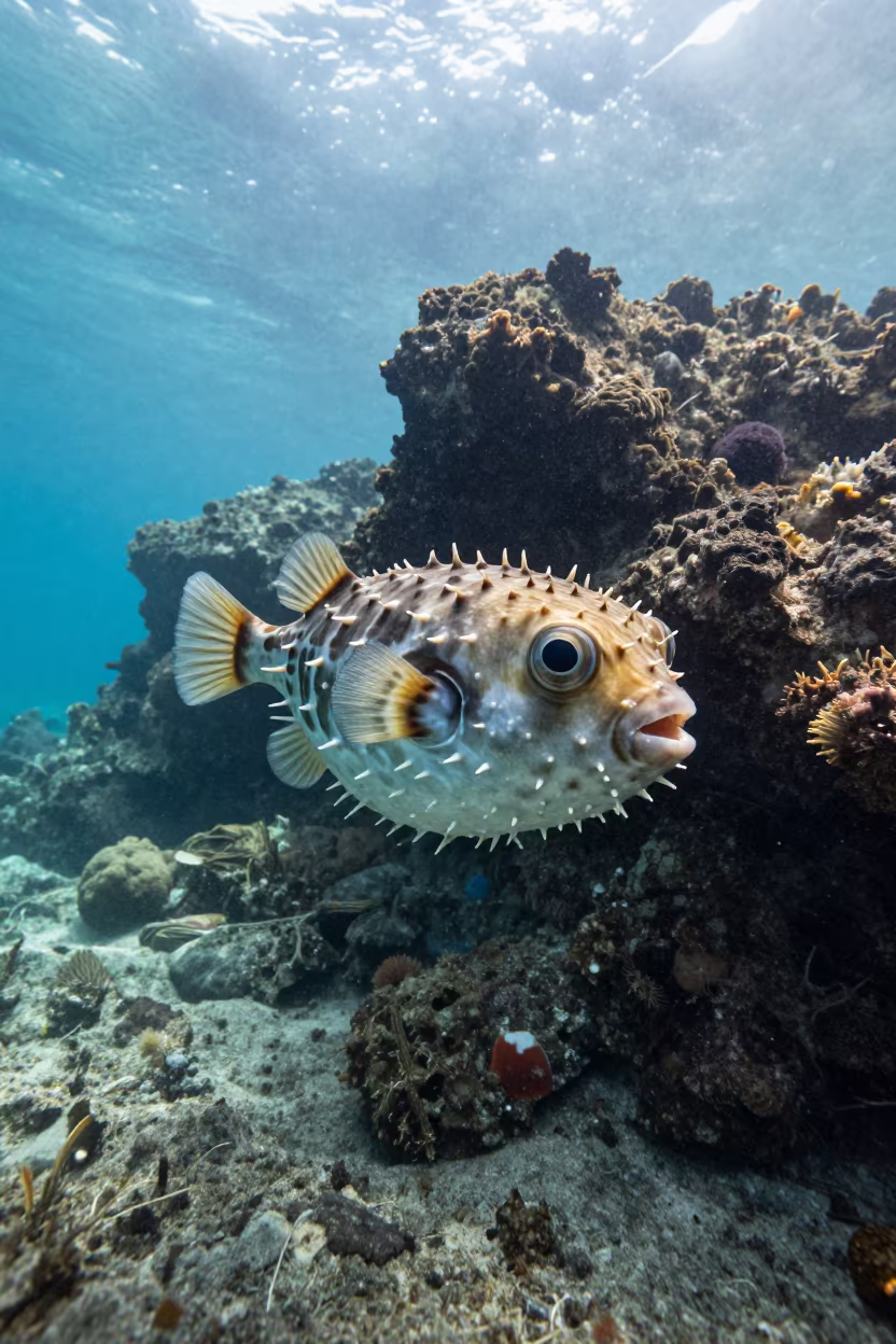 Inflated Pufferfish Near Venice Volcanic Drop Off in beside a volcanic drop-off near Venice