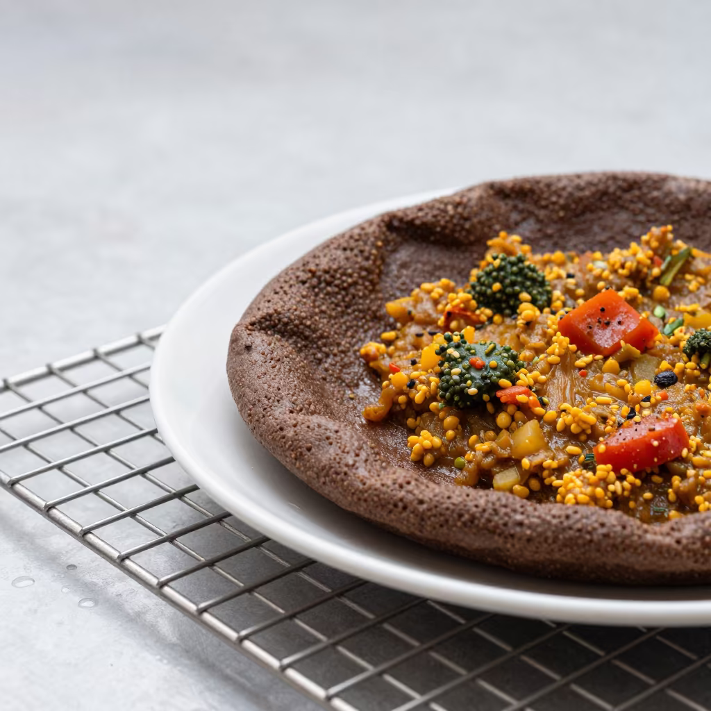 Injera Plate Colorful Stews Vang Vieng Bakery in on a bakery cooling rack in Vang Vieng