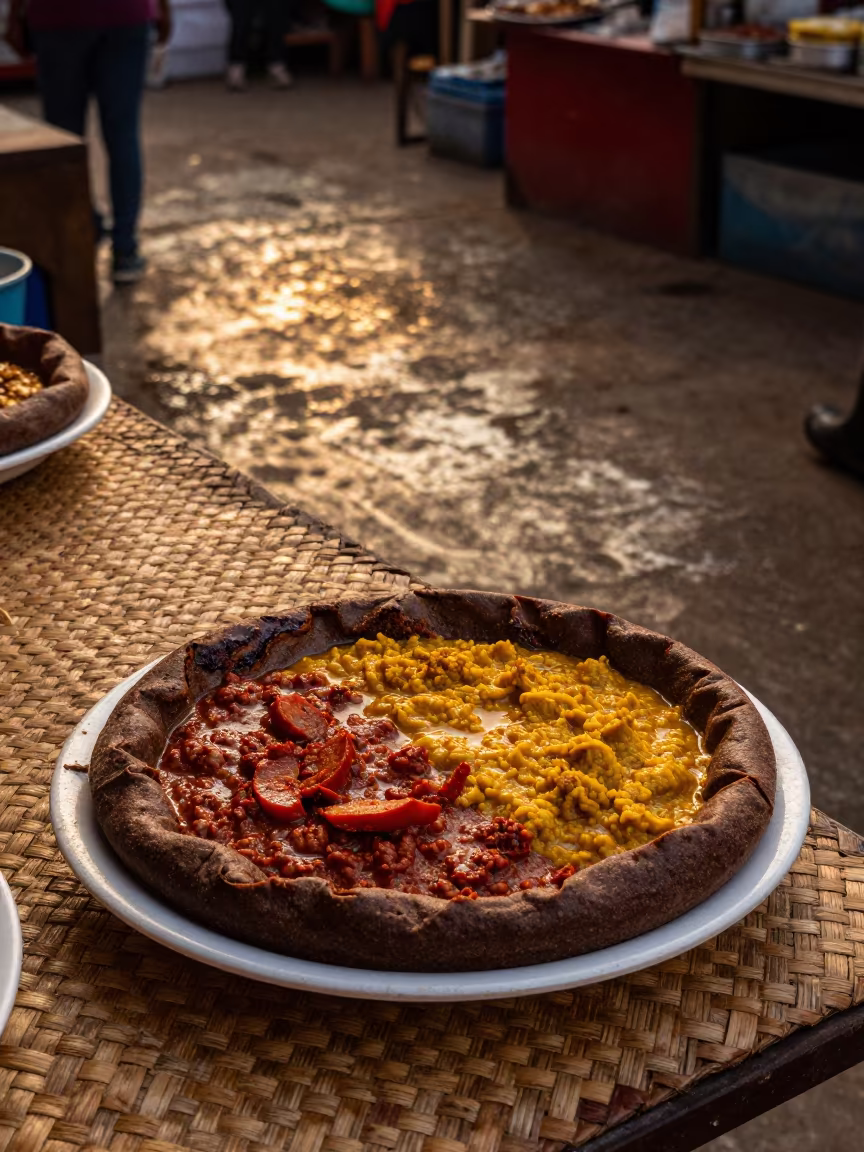 Injera Platter with Colorful Stews at Market Stall in at a market stall counter in Rome