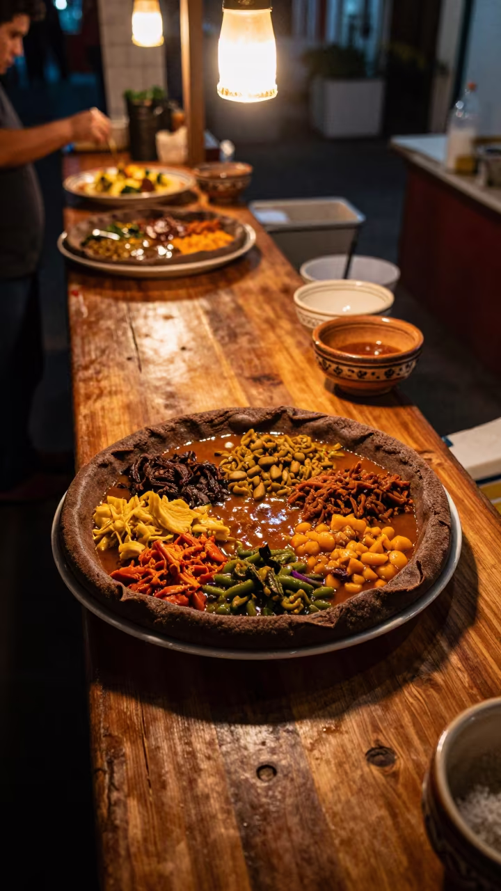 Injera and Stews at Irapuato Night Market in at a market stall counter in Irapuato