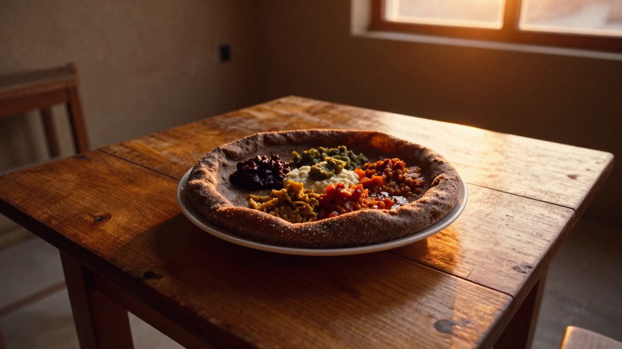 Injera and Stews on Rustic Table in Sanliurfa in on a rustic wooden table in Şanlıurfa