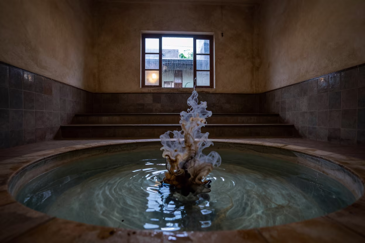 Ink Bloom in Mogadishu Stair Hall Water in inside a tiled stair hall in Mogadishu