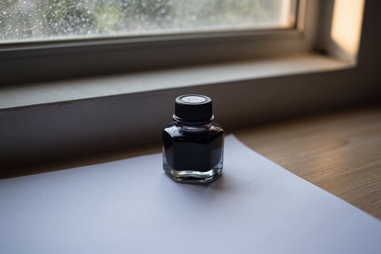 Ink Bottle on Blotter Desk in Ikeja Morning in on a painted display ledge in Ikeja