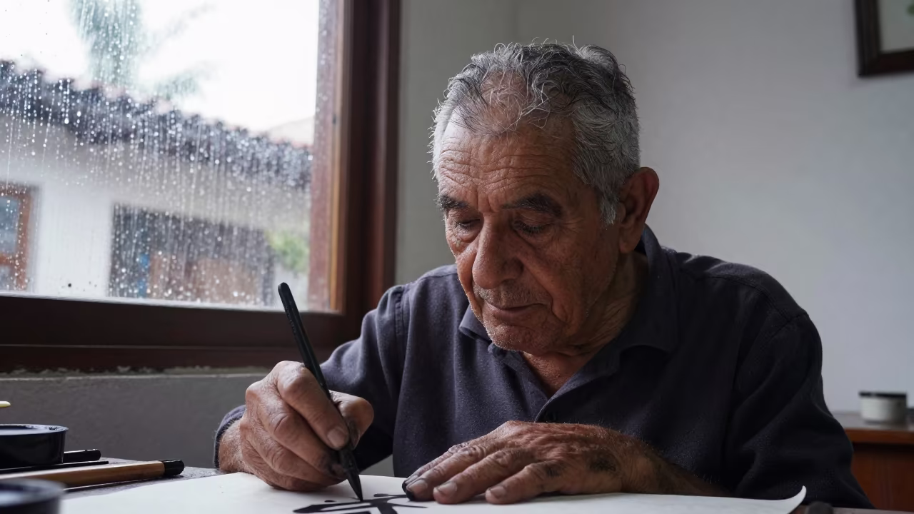 Ink Stained Elderly Calligrapher Portrait Arica in by a workshop window in Arica