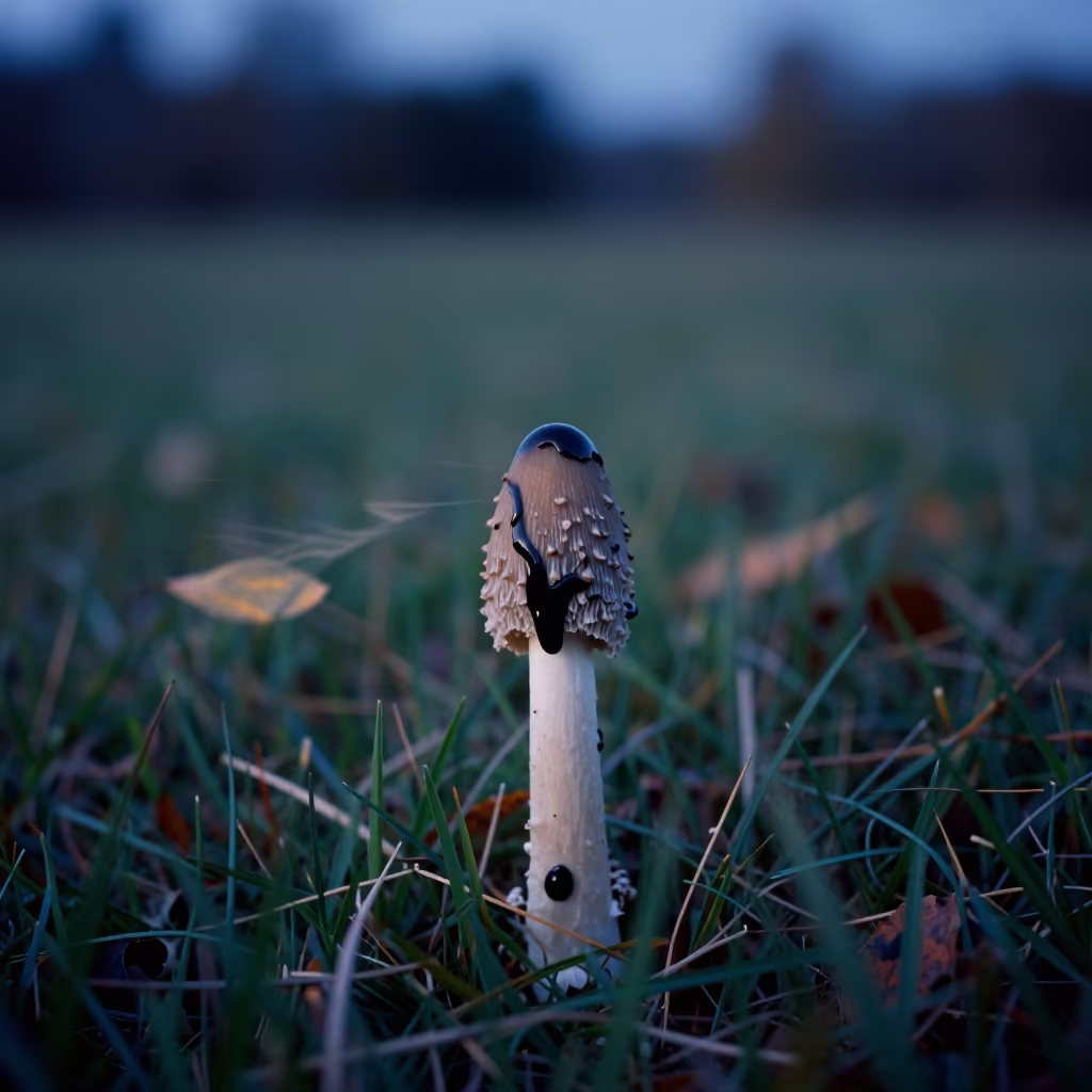 Inkcap Mushroom Dissolving in Twilight Meadow in in a bloom-heavy meadow near Seiyun
