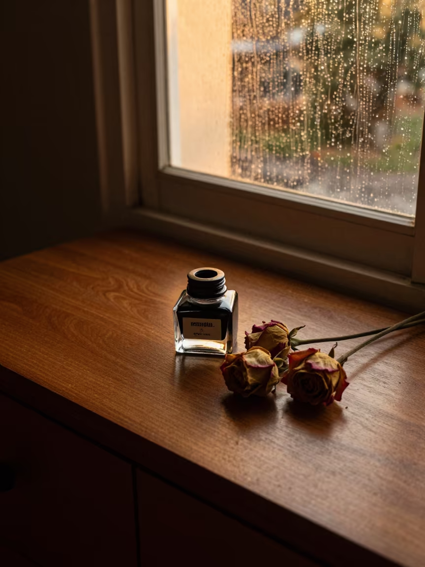 Inkwell and Dried Roses on Mahogany by Rain Window in on a wooden workbench in Maturín