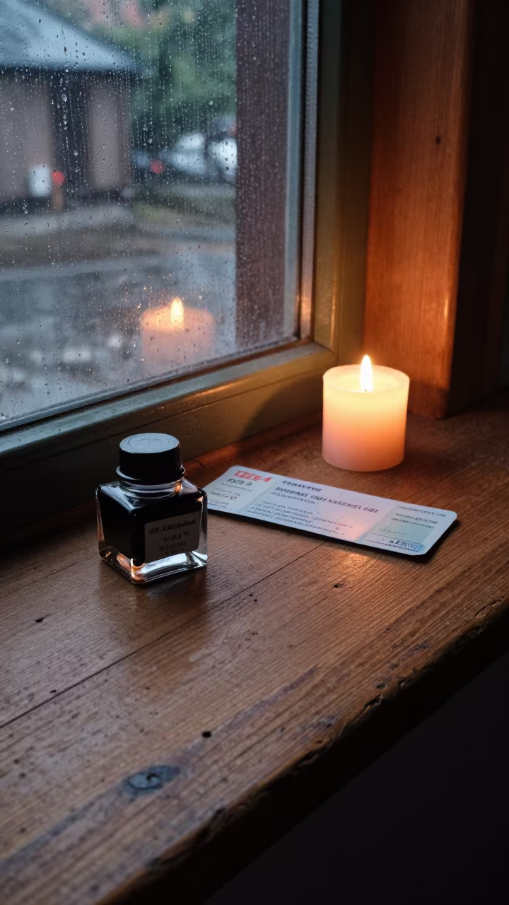 Inkwell and Tickets on Tianjin Ledge in on a bedside table near Tianjin