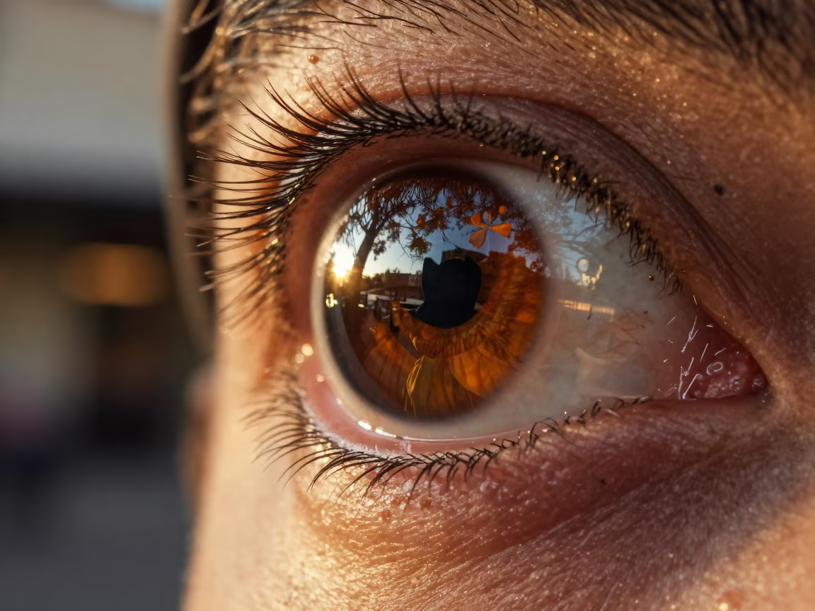 Insect Eye Reflects Cafe Patron at Sunset in in a cafe in San Antonio