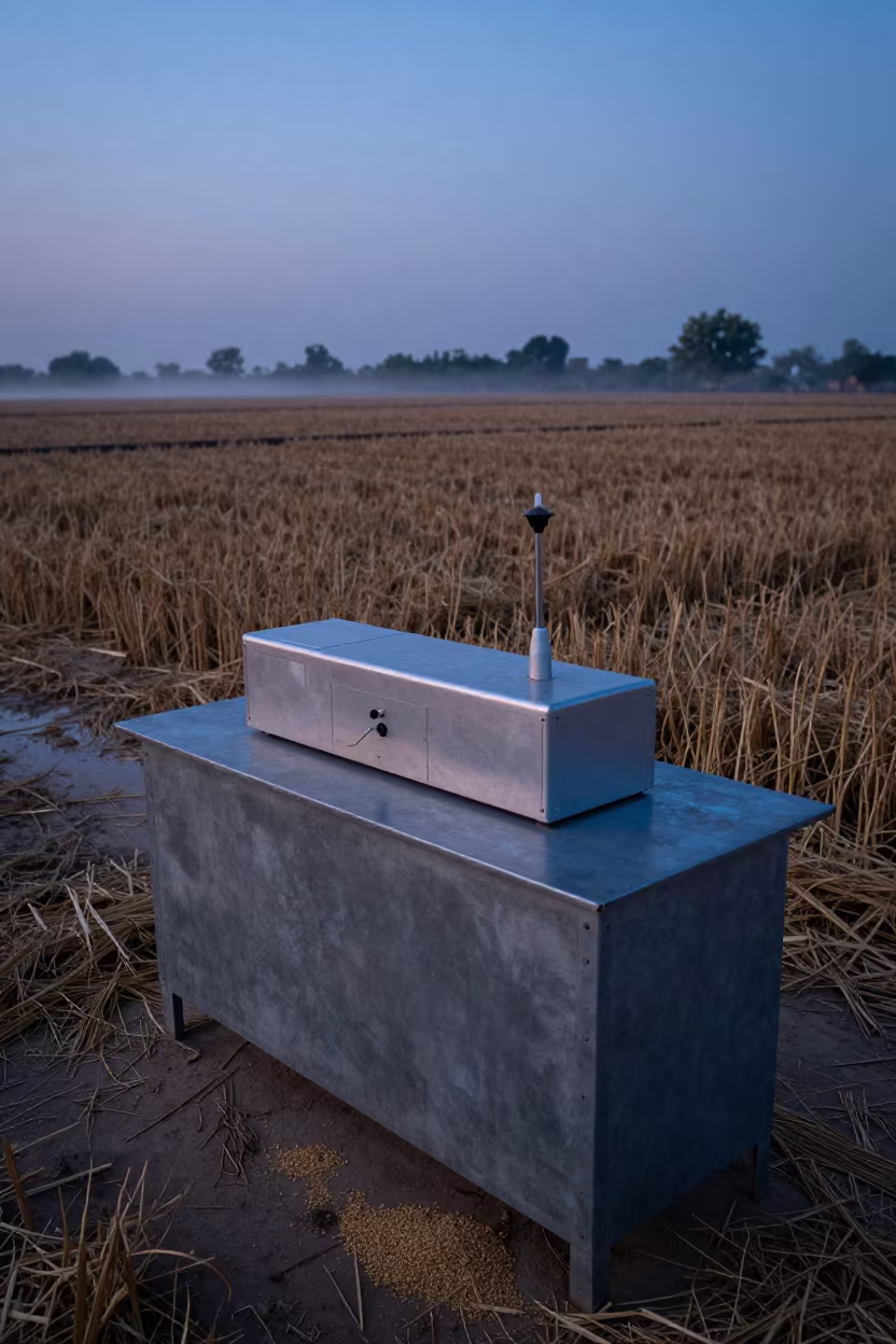 Insemination Thaw Unit in Aligarh Twilight Field in across a harvested grain field near Aligarh