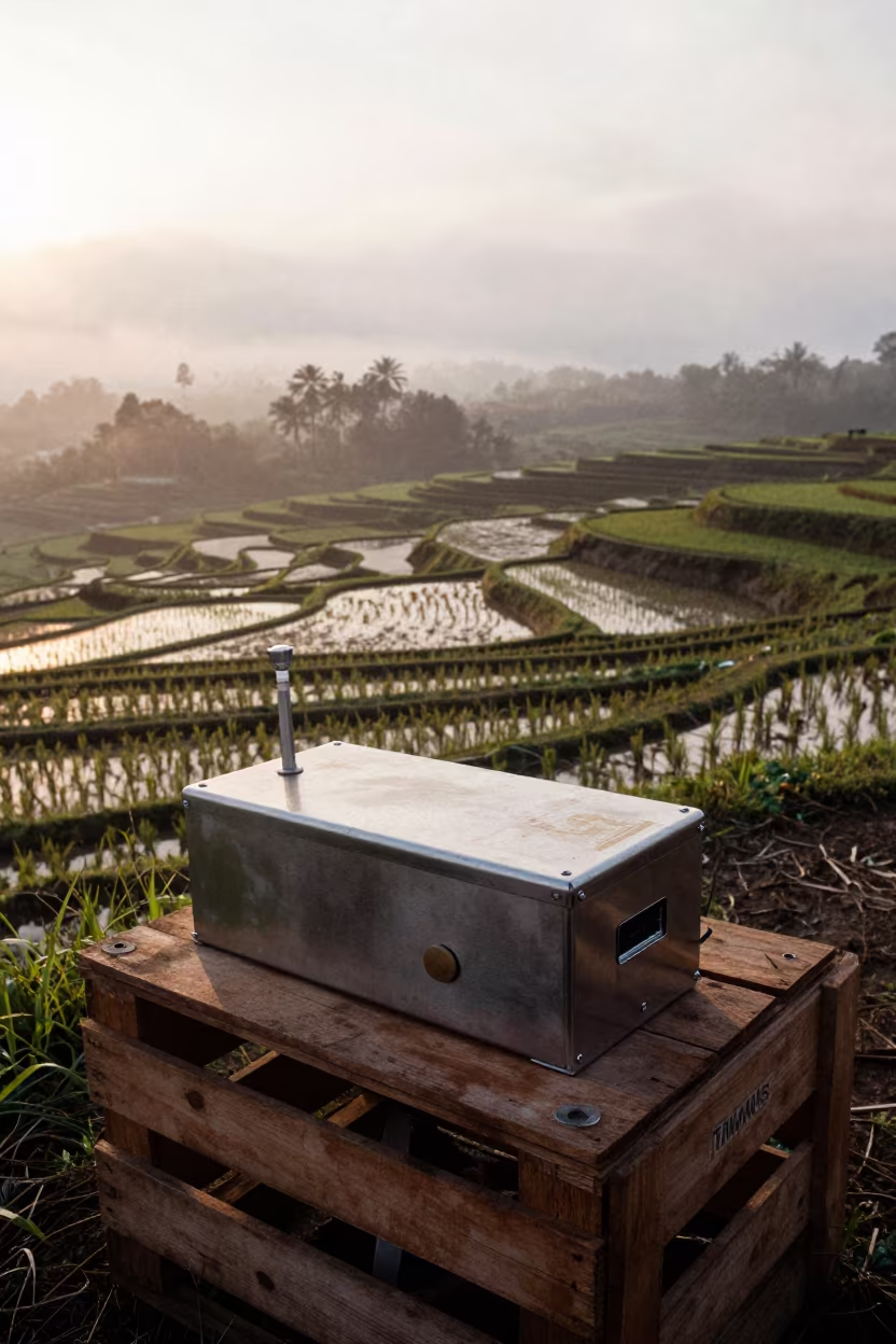 Insemination Thaw Unit in Costa Rican Rice Paddies in among terraced rice paddies in Costa Rica