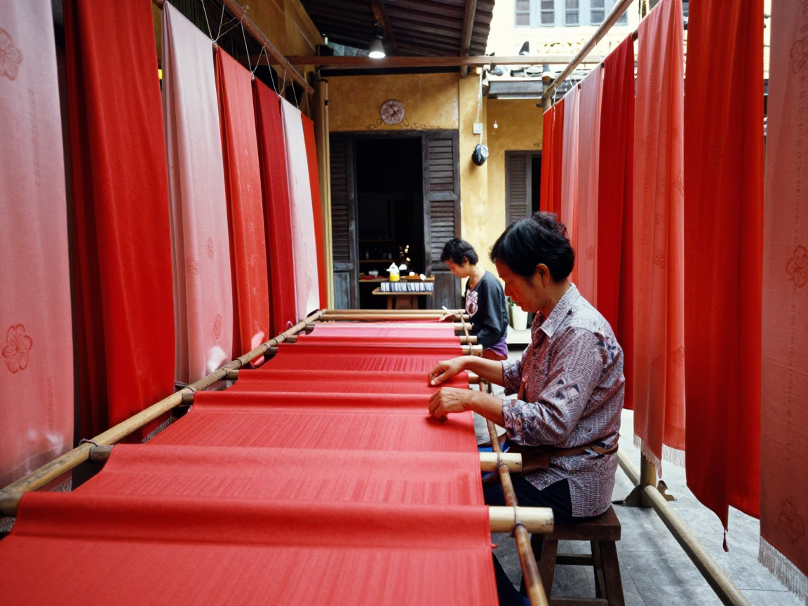 Inspecting Fabric in Hoi An in in Hoi An, Vietnam