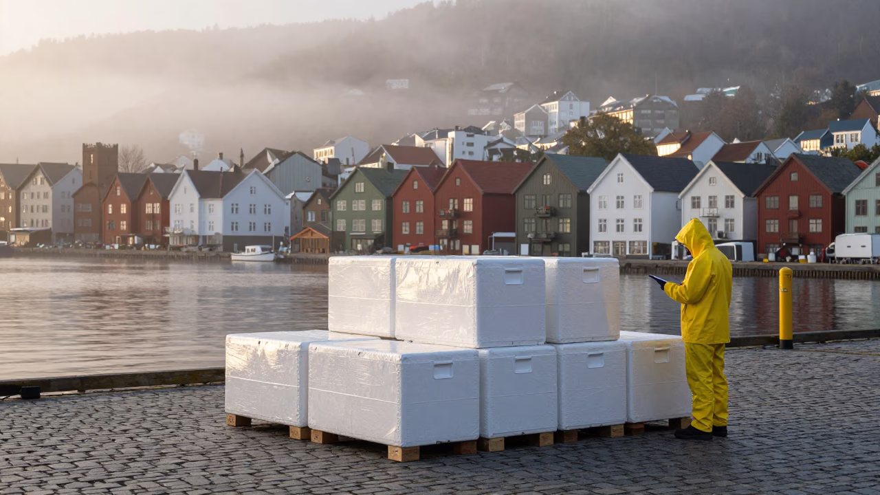 Insulated Crates in Bergen at The Early Morning Light in in Bergen, Norway