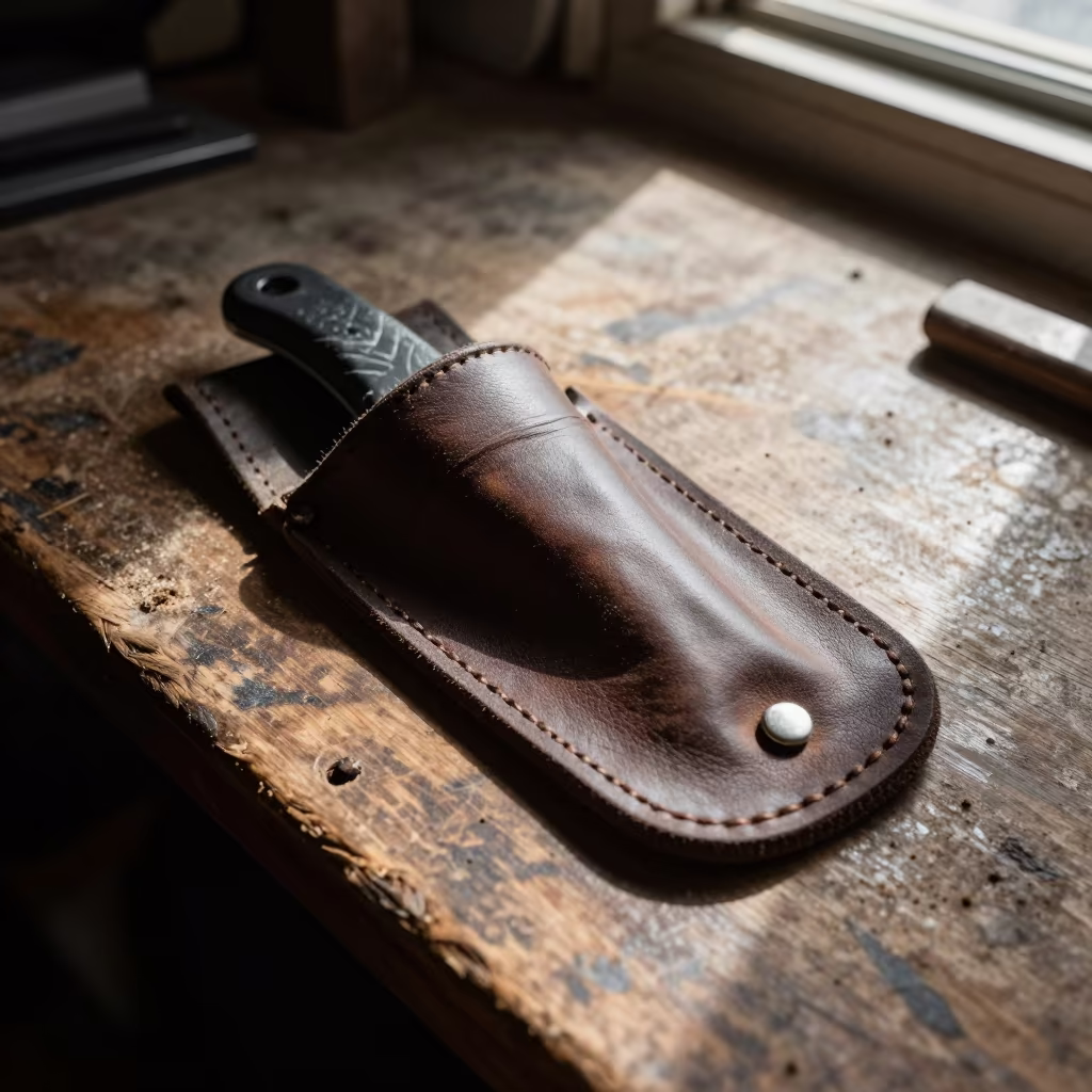 Insulation Knife Pouch Rail on Wooden Bench in on a wooden workbench near Misrata