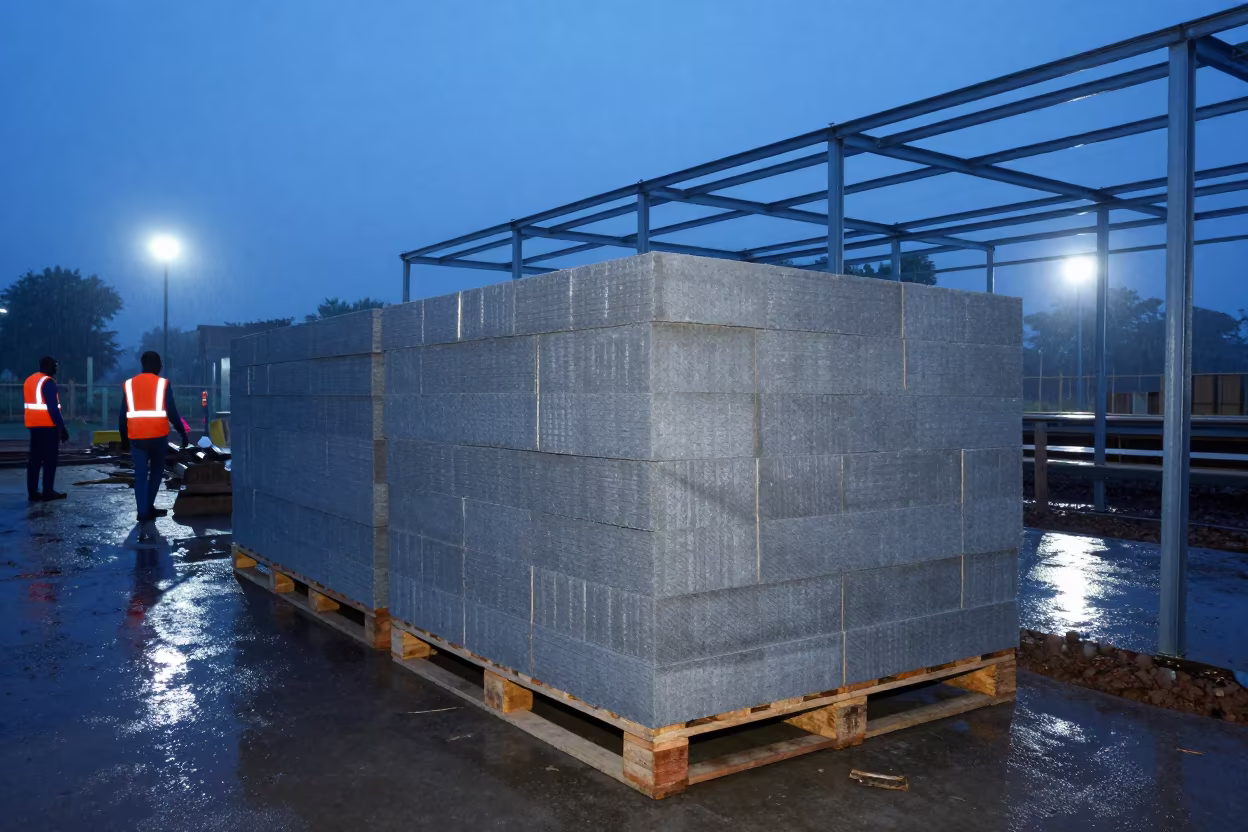 Insulation Stack at Blue Hour Lagos Construction Site in beside a framed building shell in Lagos
