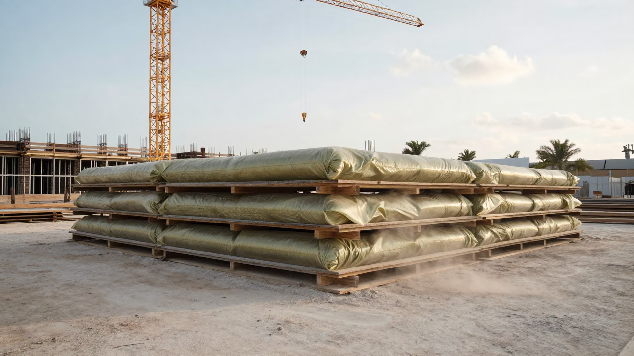 Insulation Stack Under Crane in Bahamas in beneath a tower crane on open ground in Bahamas