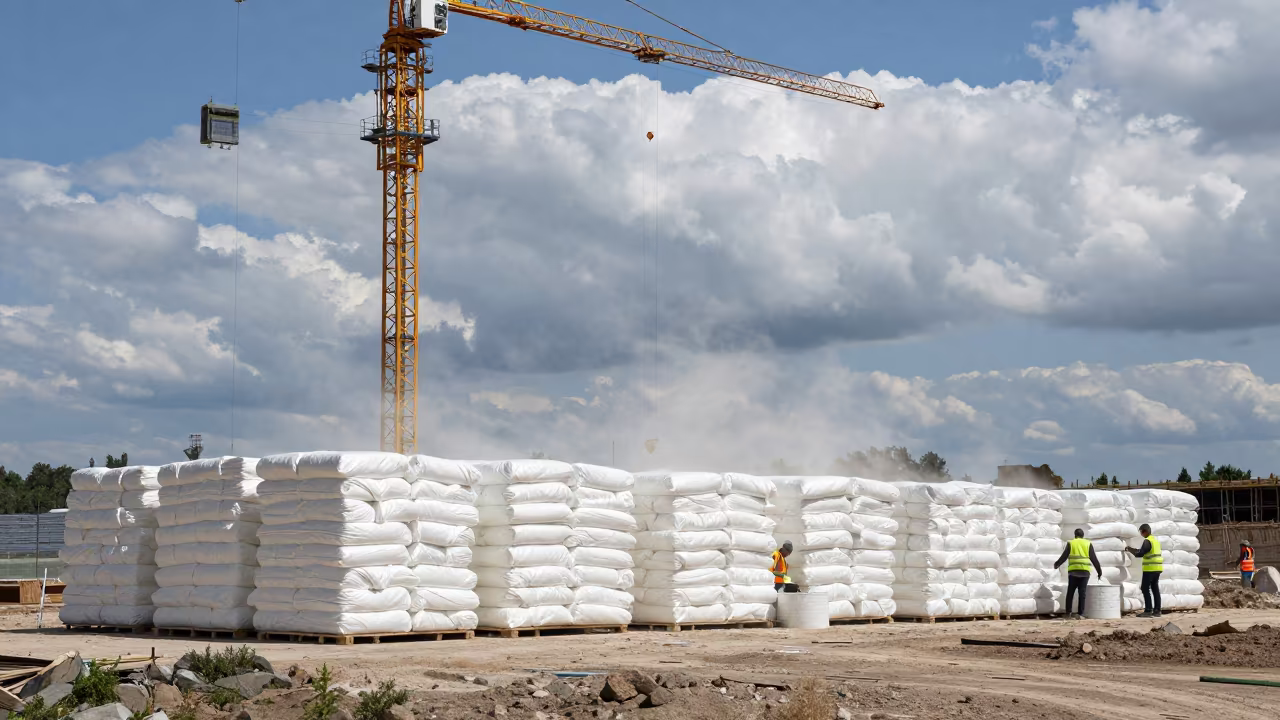Insulation Stack Under Crane in Late Summer in beneath a tower crane on open ground in Šiauliai