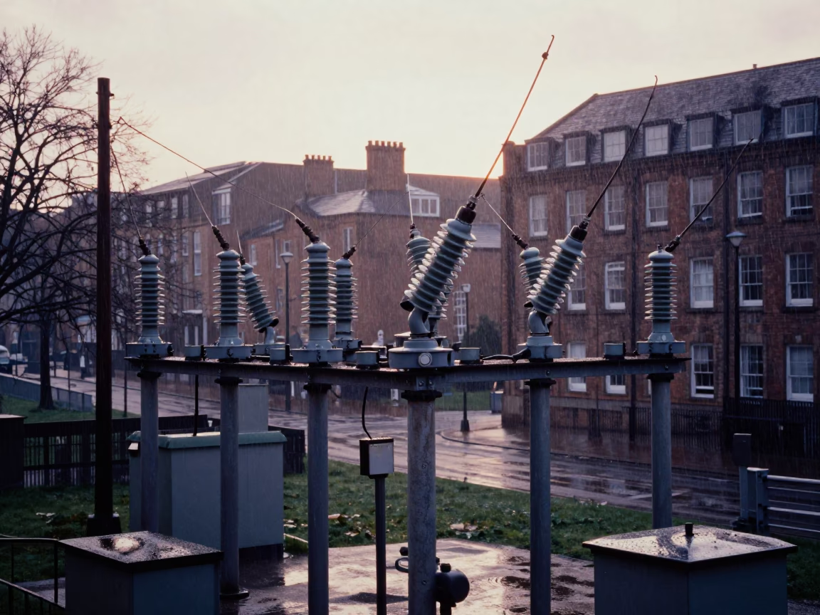 Insulators Sparkling in Liverpool at The Still Hours Before Dawn Light in in Liverpool, United Kingdom