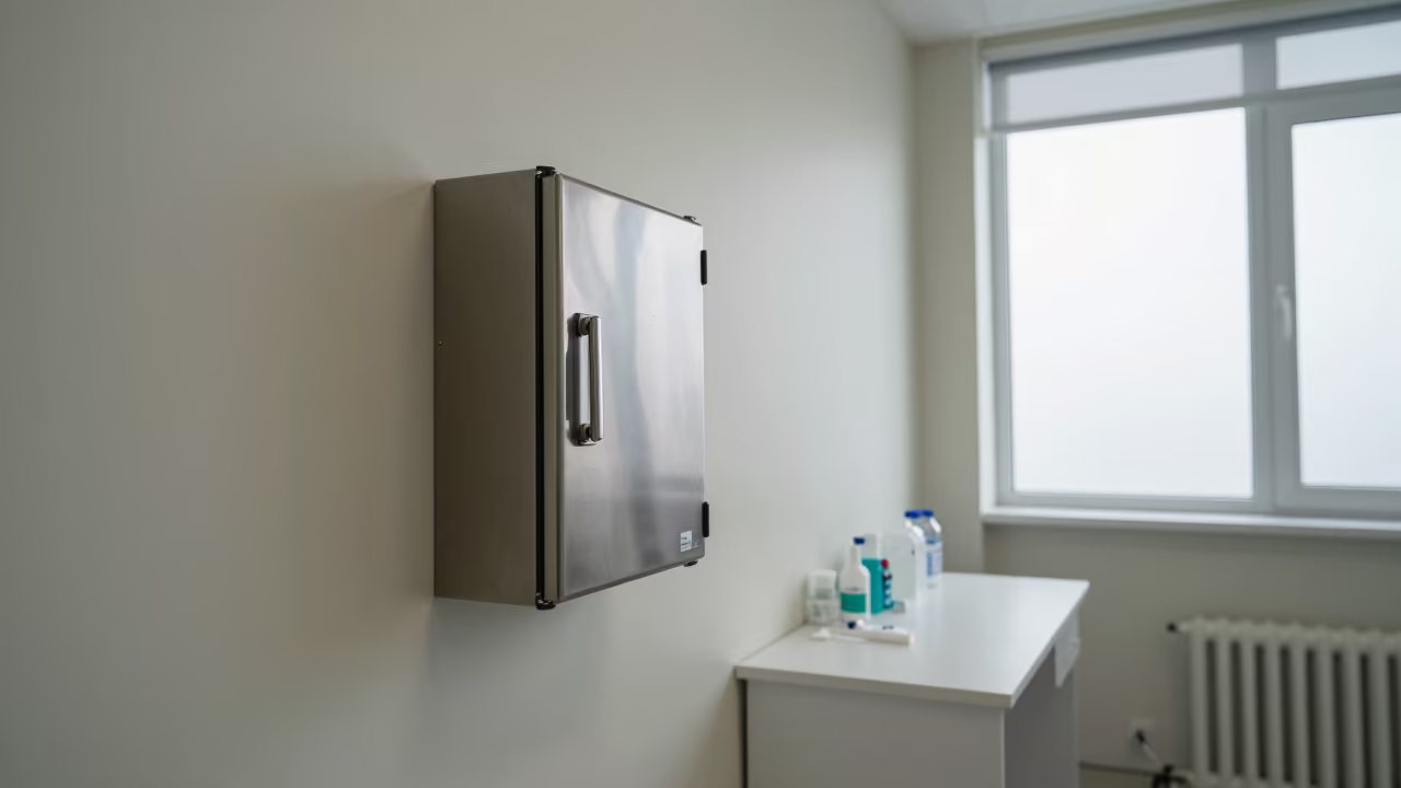 Insulin Fridge Lockbox in Basra Clinic Room in inside a clinic exam room in Basra