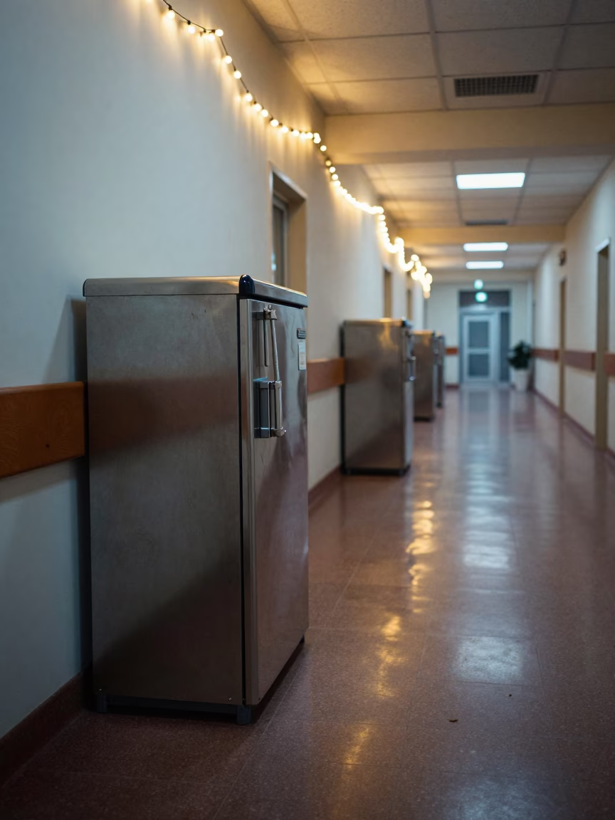 Insulin Fridge Lockbox in Moscow Hospital Corridor in inside a hospital corridor in Arbat, Moscow