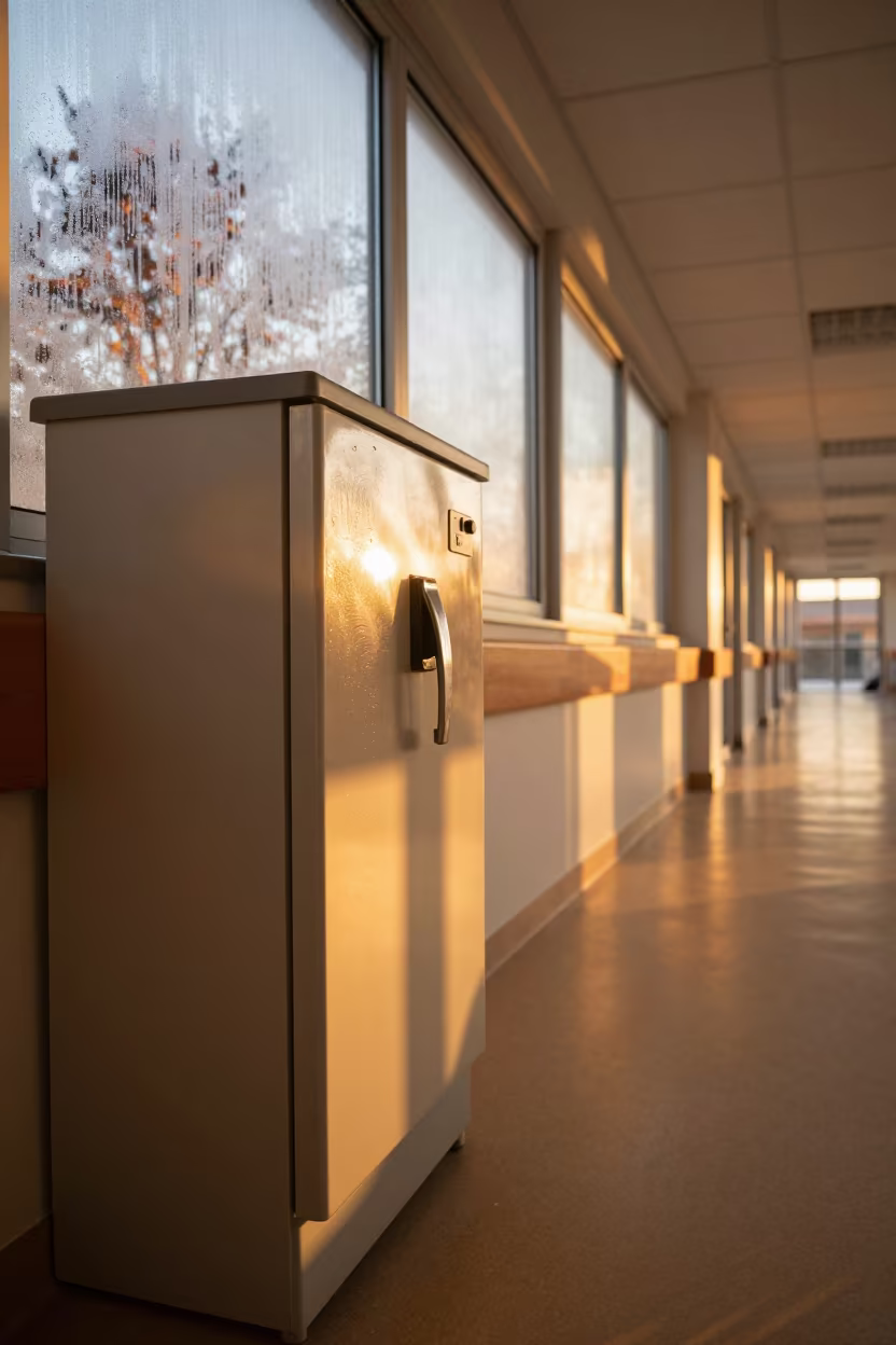 Insulin Fridge Lockbox in Sintra Hospital Corridor in inside a hospital corridor in Sintra