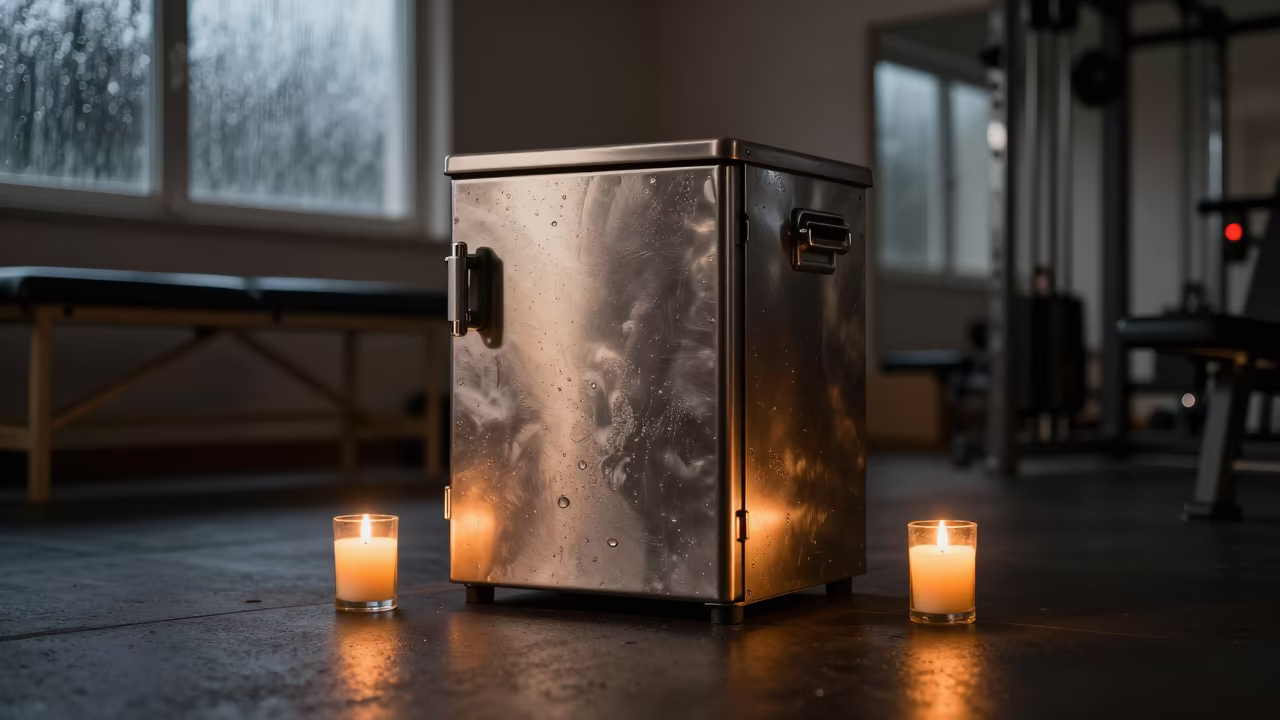 Insulin Lockbox in Tanga Gym Under Candlelight in inside a rehabilitation gym near Tanga