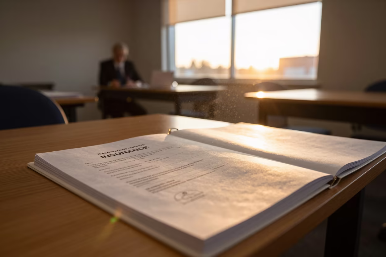 Insurance Binder in Amber Office Light in inside a training room prepared for interviews near Denver