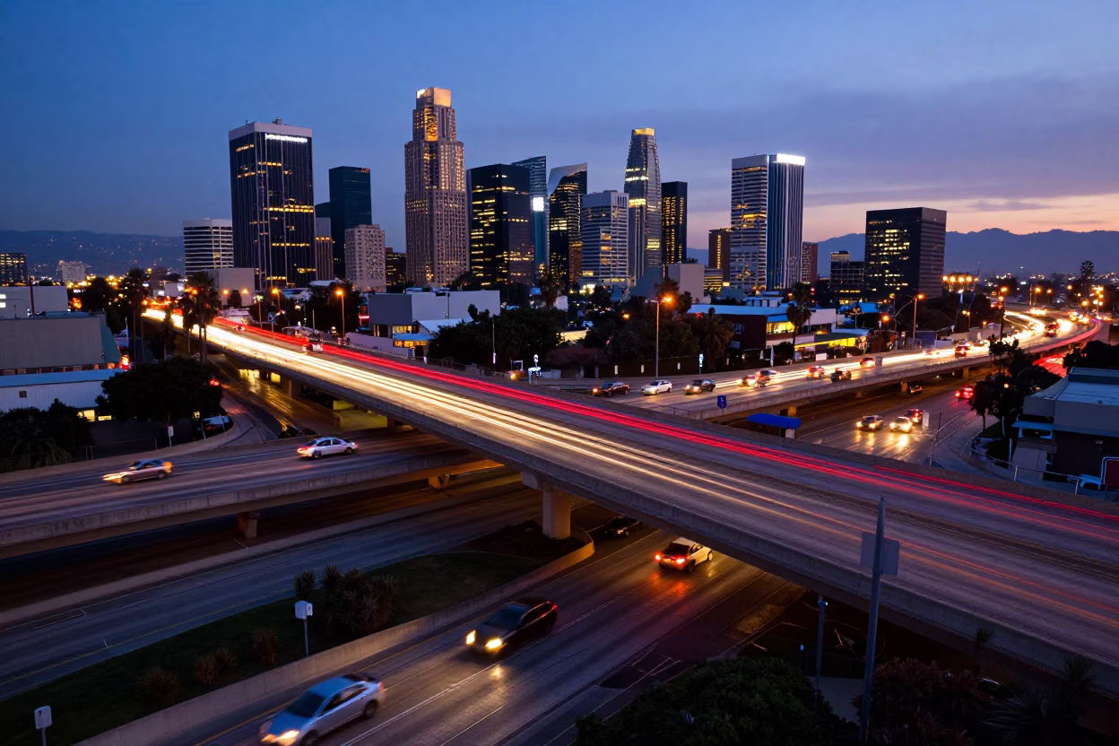 Interchange Glowing at Twilight in Los Angeles in in Los Angeles, California, United States