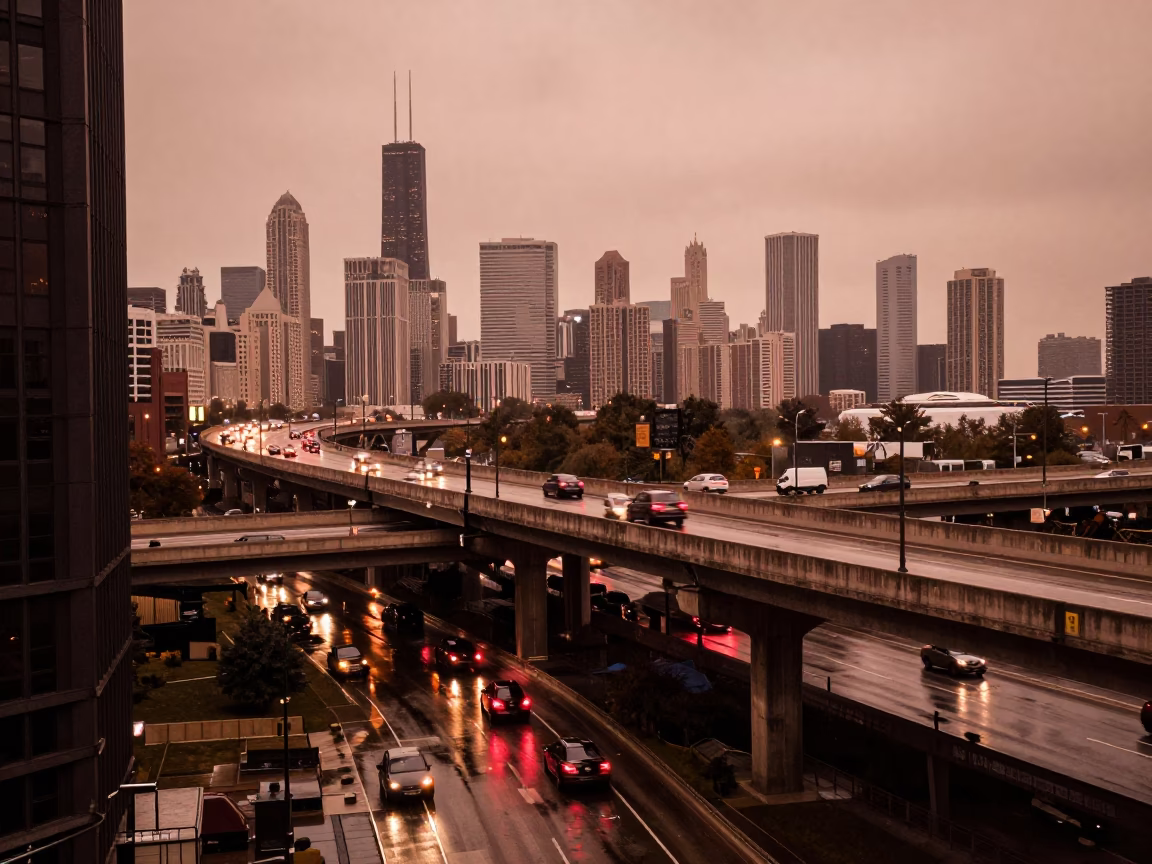 Interchange Glowing in Chicago at Copper-toned Light Before Dusk in in Chicago, Illinois, United States