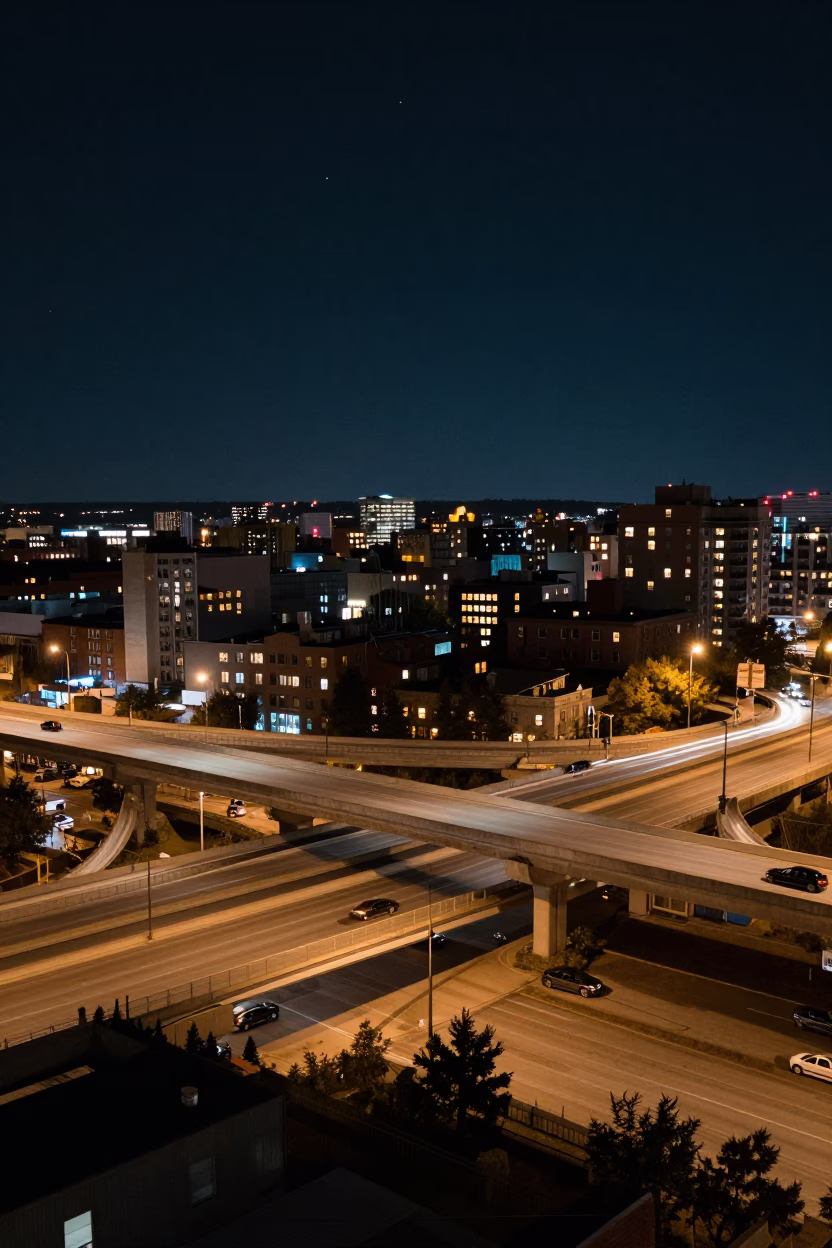Interchange Glowing in Montreal at The Deepest Night Sky Light in in Montreal, Quebec, Canada