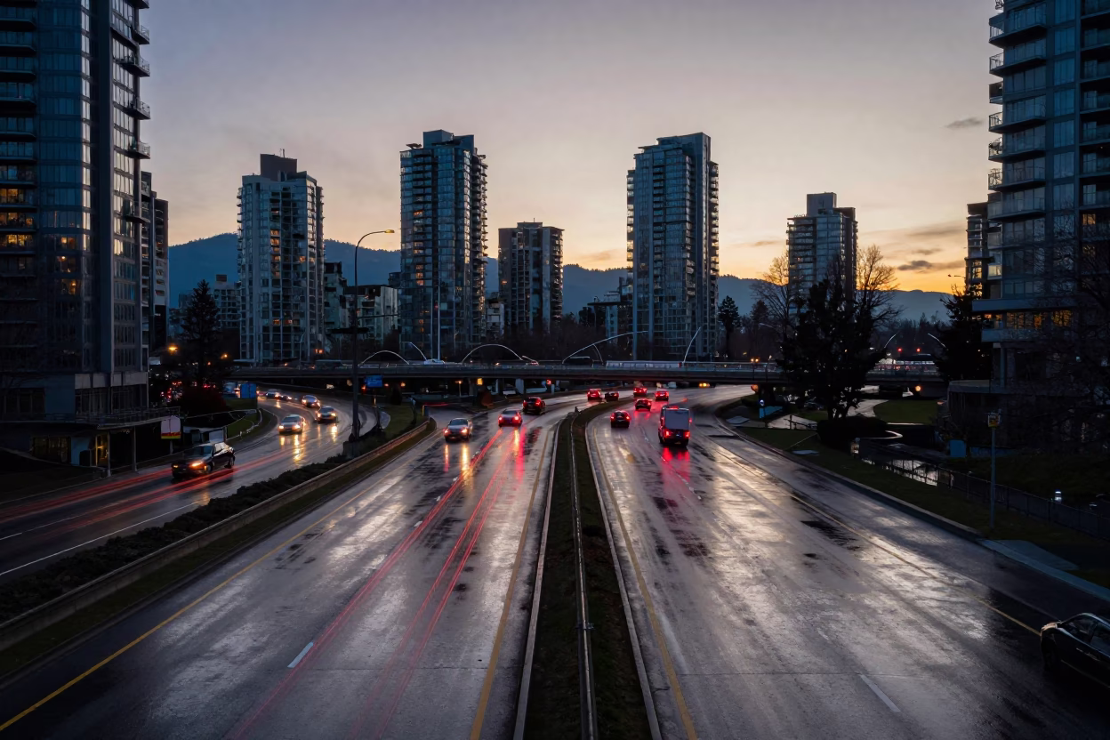 Interchange Glowing in Vancouver at First Light Of Dawn in in Vancouver, British Columbia, Canada