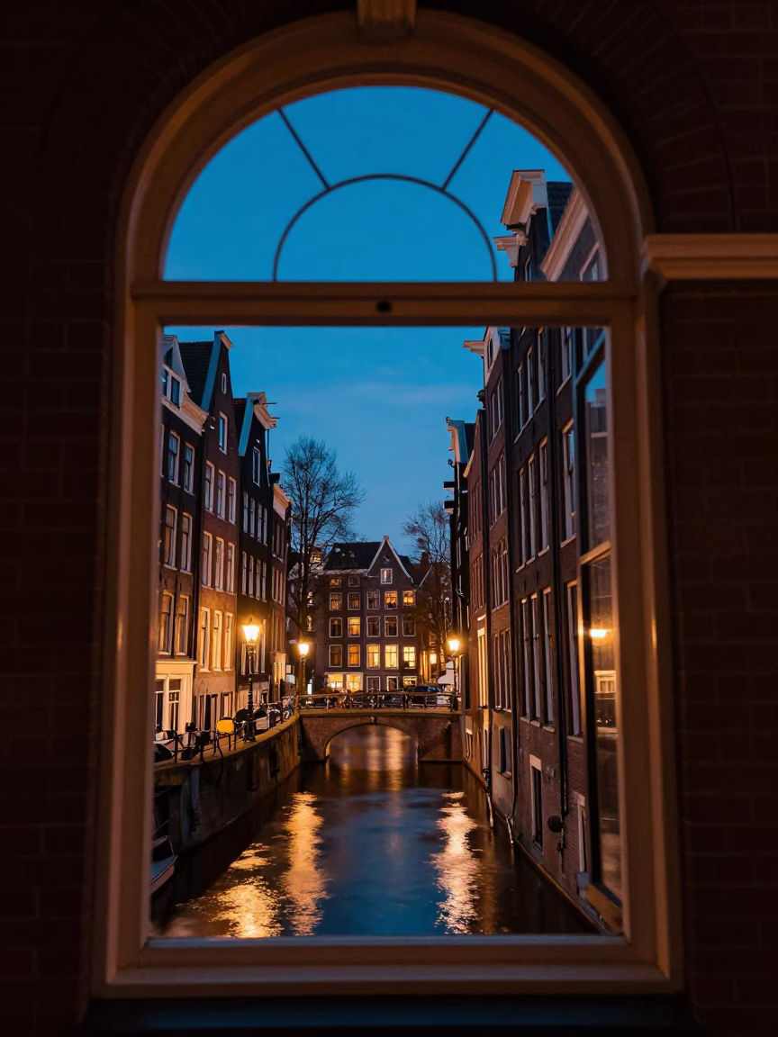 Interior Evening in Amsterdam at As City Lights Begin To Glow in in Amsterdam, Netherlands