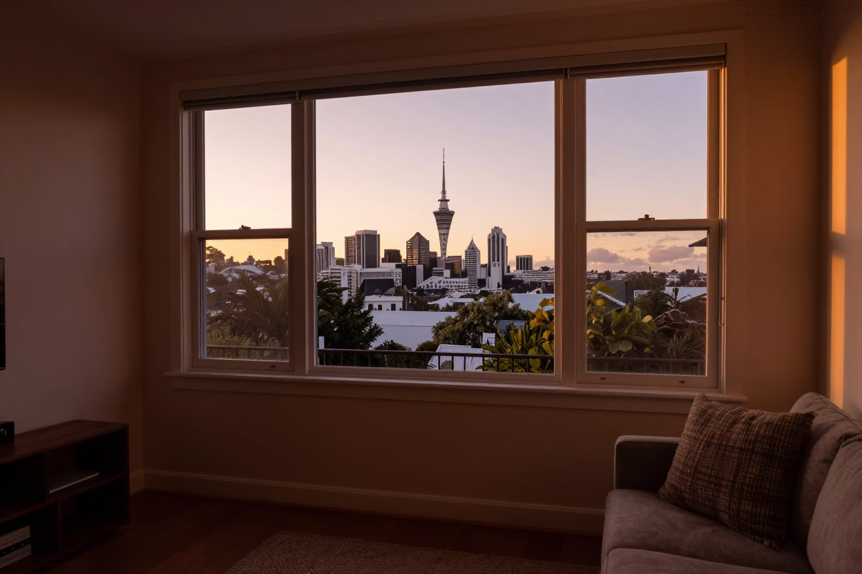 Interior Scene in Auckland at Copper-toned Light Before Dusk in in Auckland, New Zealand